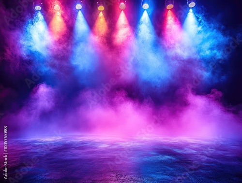 Empty Stage with Colorful Spotlights, Fog Effect, and Purple-Blue Lights for Presentation or Concert