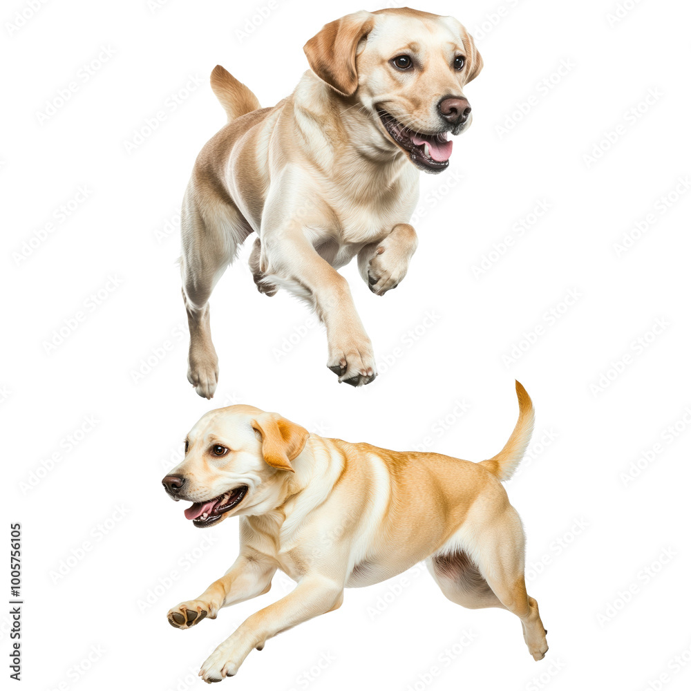 Two Labrador Retrievers Running and Jumping Two Labrador Retrievers Running and Jumping