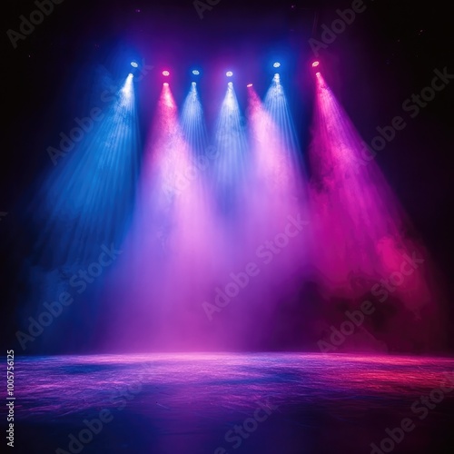 Empty Stage with Colorful Spotlights, Fog Effect, and Purple-Blue Lights for Presentation or Concert