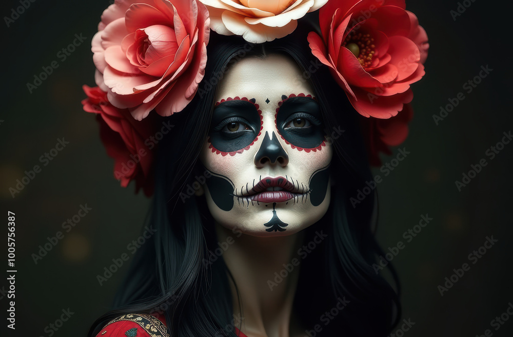 Close up portrait of girl with Sugar-skull girl make-up and costume, prepares for Mexican carnival poses against dark background. Halloween