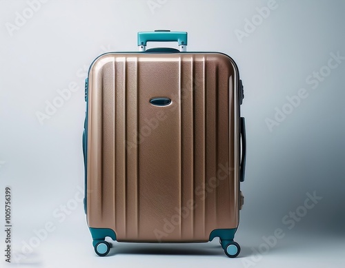 Bronze hard shell suitcase with wheels and retractable handle on light background, modern travel luggage, ideal for travel and design themes photo