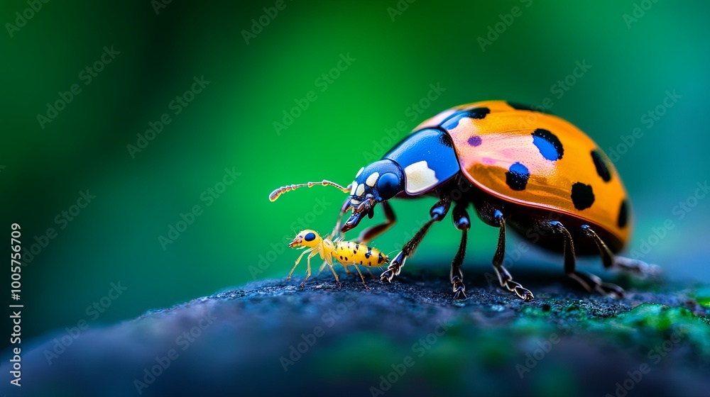 Close-up of a ladybug interacting with a small yellow insect Close-up of a ladybug interacting with a small yellow insect