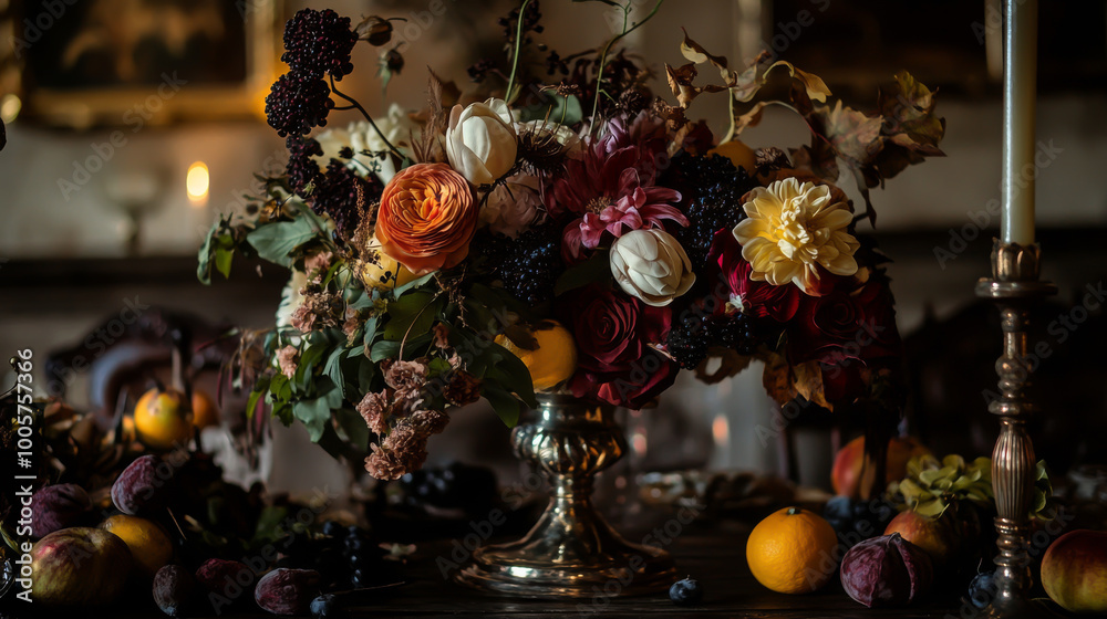 Naklejka premium A table with a vase of flowers and fruit. The flowers are red and yellow, and the fruit is orange and purple. The table setting is elegant and inviting, with candles and a painting in the background