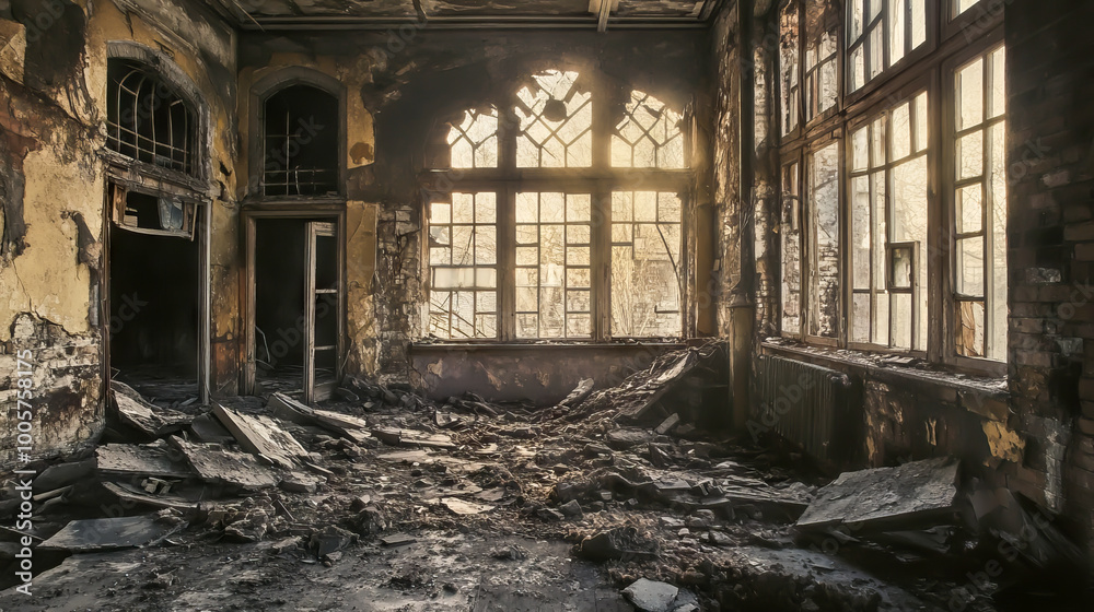 A room with a lot of debris and broken windows. The room is empty and has a very dark and gloomy atmosphere A room with a lot of debris and broken windows. The room is empty and has a very dark and gloomy atmosphere
