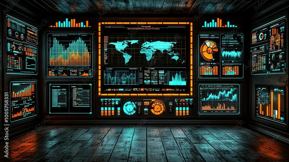 Futuristic control room with data displayed on multiple screens. Futuristic control room with data displayed on multiple screens.
