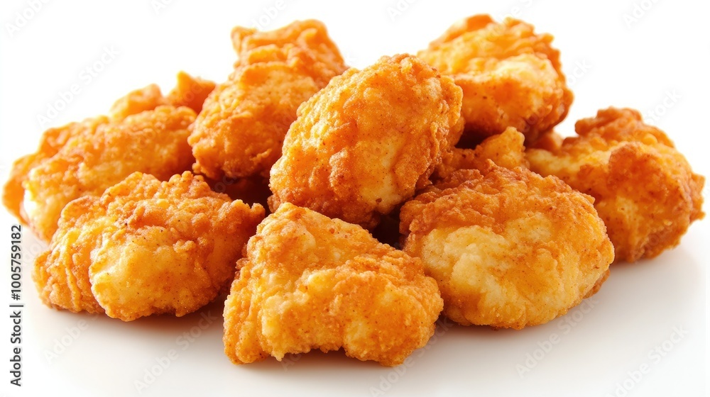 A serving of fiery hot chicken nuggets, crispy and golden, arranged neatly on a white background for a fun and tempting food presentation. A serving of fiery hot chicken nuggets, crispy and golden, arranged neatly on a white background for a fun and tempting food presentation.