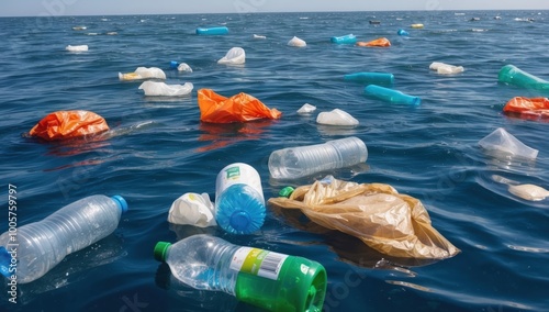 Sunlight reflects off both the gentle waves and the smooth surfaces of numerous plastic items littering the sea
