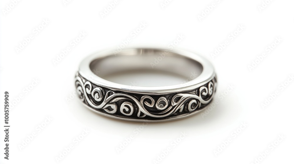 A simple silver ring with intricate designs, isolated on a bright white background, highlighting the artistry and meticulous craftsmanship involved in its creation. A simple silver ring with intricate designs, isolated on a bright white background, highlighting the artistry and meticulous craftsmanship involved in its creation.