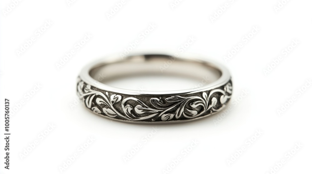 A simple silver ring with intricate engravings, isolated on a white background, highlighting craftsmanship. A simple silver ring with intricate engravings, isolated on a white background, highlighting craftsmanship.