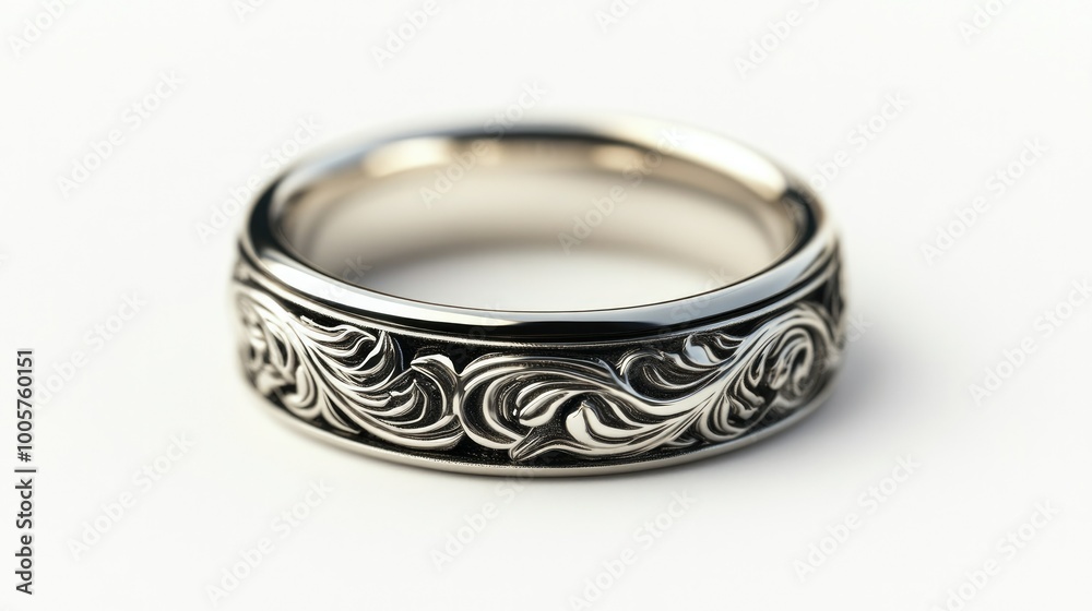 A simple silver ring with intricate engravings, isolated on a white background, highlighting craftsmanship. A simple silver ring with intricate engravings, isolated on a white background, highlighting craftsmanship.