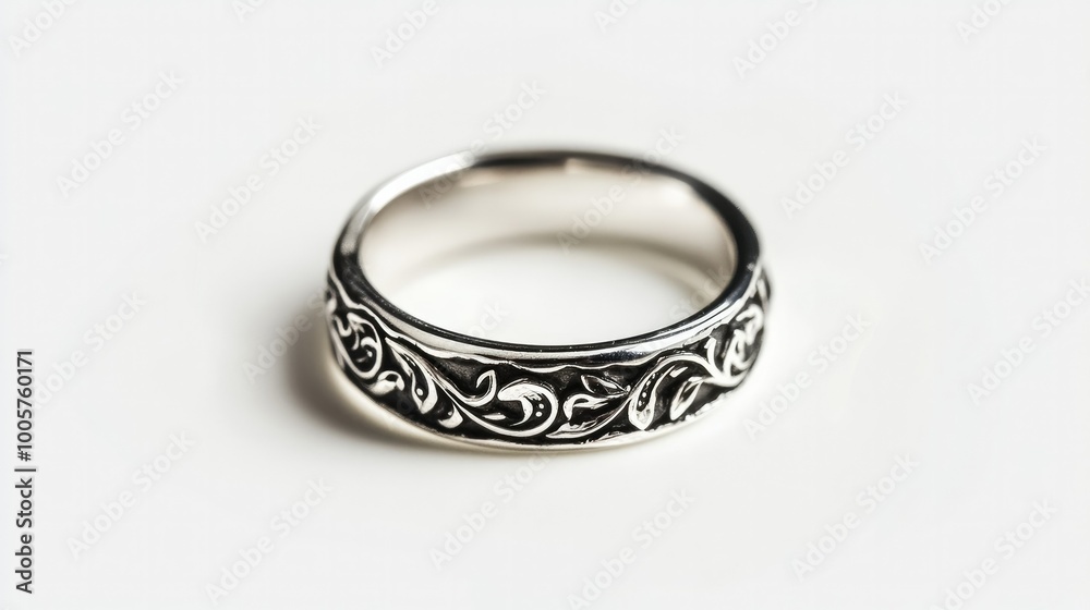 A simple yet elegant silver ring with intricate patterns, set against a bright white background to focus on its detailed craftsmanship and artistic flair.