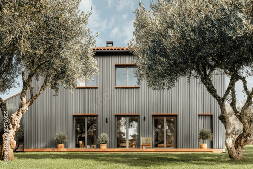 A minimalist farmhouse with vertical steel grey paneling, terracotta trim, set against olive green grass and flanked by cerulean trees, creating an elegant, subdued visual appeal