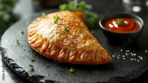 Delicious Acaraje   Traditional Fried Black eyed Pea Dough with Dried Shrimp and Spicy Sauce on Black Plate photo