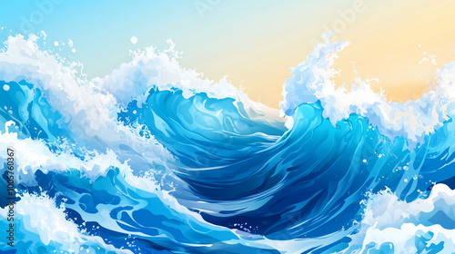Vibrant ocean waves crash against each other, creating dynamic and lively seascape. bright blue hues and frothy white crests evoke sense of energy and movement. 