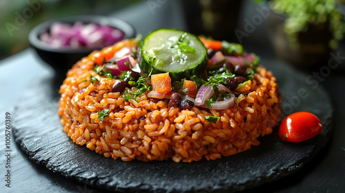 Crispy Tacu Tacu   Flavorful Peruvian Rice and Bean Dish on Elegant Black Plate photo