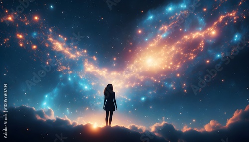 Silhouette of a Woman Contemplating the Mysteries of a Cosmic Galaxy