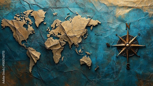 Ancient map of the world with a compass on an aged background photo