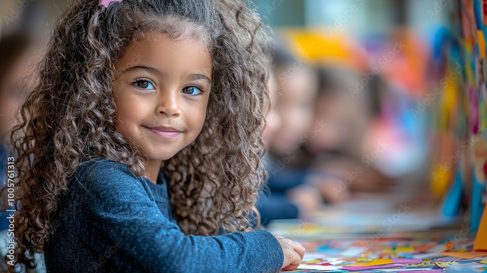 A smiling girl with curly hair engages in art activities at a colorful table. A smiling girl with curly hair engages in art activities at a colorful table.