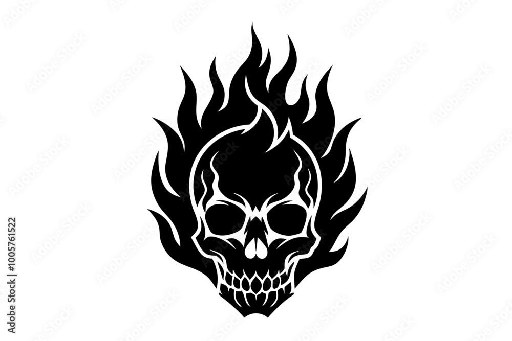 Fire skull icon, flaming skull silhouette vector