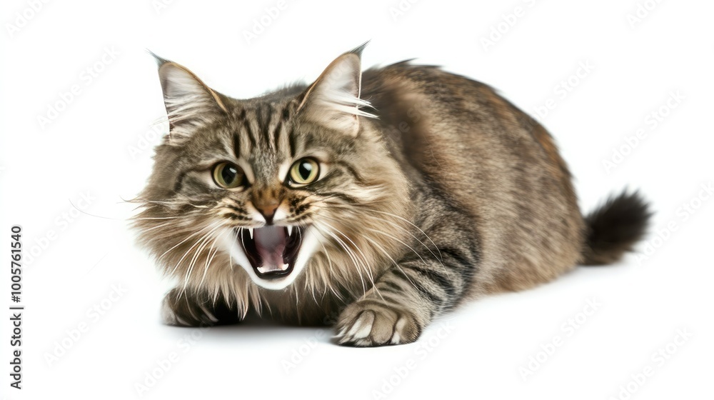 A startled and angry cat with a hilarious wide-eyed, open-mouth expression, frozen mid-movement, isolated against a clean white background. A startled and angry cat with a hilarious wide-eyed, open-mouth expression, frozen mid-movement, isolated against a clean white background.
