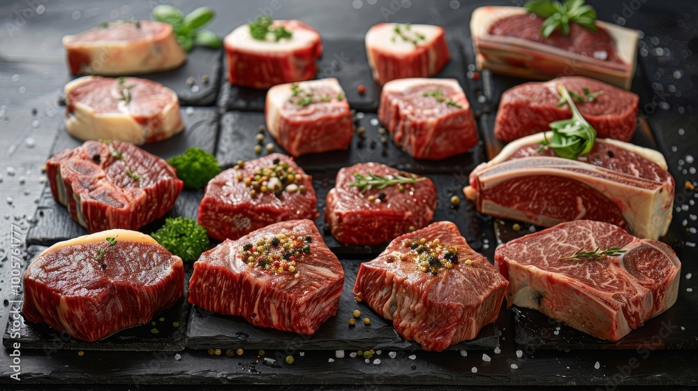 Variety of raw black angus prime steaks featuring machete and blade cuts for culinary delights Variety of raw black angus prime steaks featuring machete and blade cuts for culinary delights