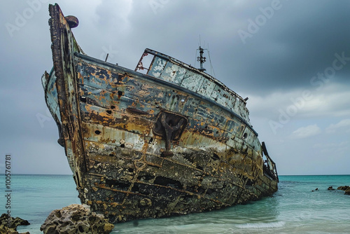 Underwater view of an old sunken ship on seabed with fish swimming