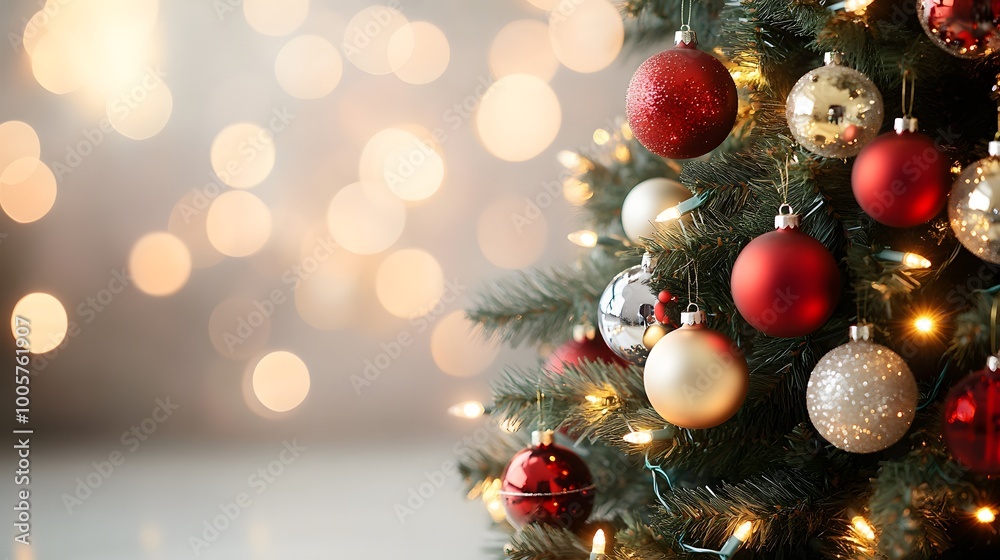 Twinkling lights and baubles on a green Christmas tree, cozy ambiance. Twinkling lights and baubles on a green Christmas tree, cozy ambiance.