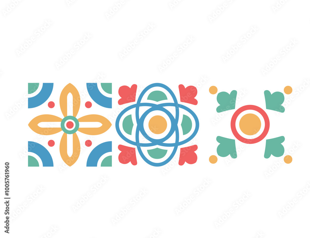 Geometric ornament pattern with symmetrical shapes in vibrant pastel colors. Ideal for decorative design and textile prints modern and classic elements. Vector illustration isolated on white Geometric ornament pattern with symmetrical shapes in vibrant pastel colors. Ideal for decorative design and textile prints modern and classic elements. Vector illustration isolated on white