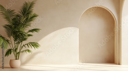 A serene interior scene featuring a potted plant and an arched wall niche.