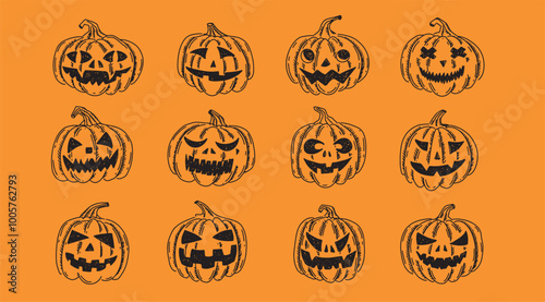 Halloween pumpkins set on orange background. Hand drawn illustration.	