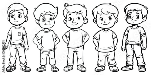 A black and white drawing of a boy and girl set. Coloring book, happy kids set. Coloring book, happy kids set