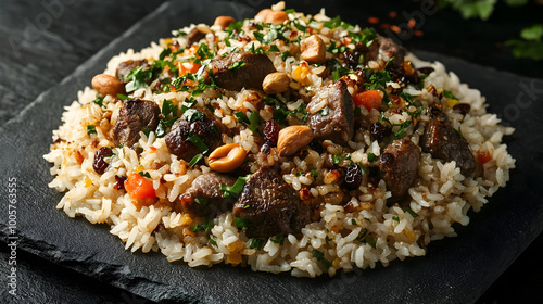 Quzi   Spiced Rice Dish with Slow Cooked Lamb Garnished with Nuts and Raisins Served on Elegant Black Stone Plate photo