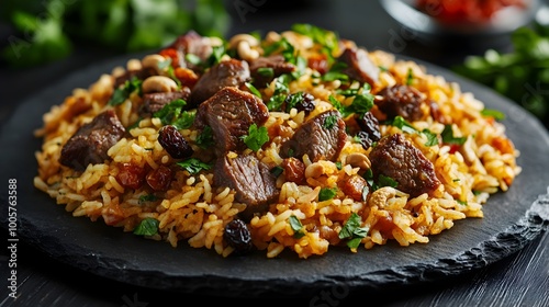 Sumptuous Quzi Rice Dish with Slow Cooked Lamb and Festive Garnishes on Elegant Black Plate photo