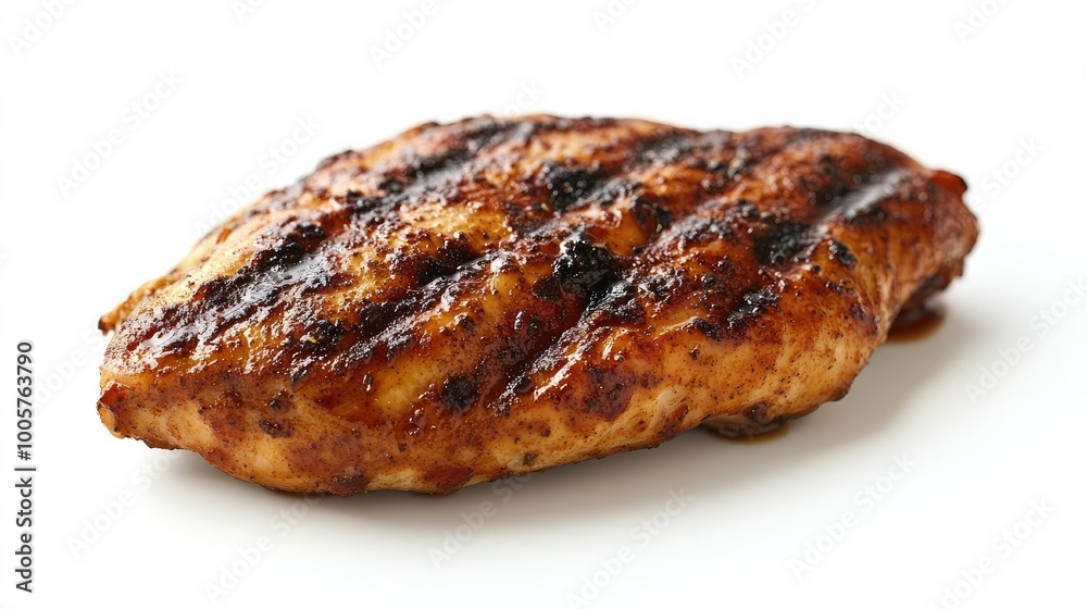 A tantalizing spicy chicken breast, charred to perfection with a smoky glaze, elegantly presented on a clean white background for a vibrant food shot. A tantalizing spicy chicken breast, charred to perfection with a smoky glaze, elegantly presented on a clean white background for a vibrant food shot.