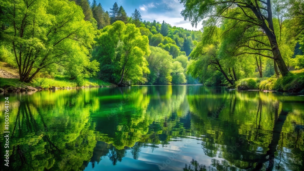 Gentle green waters mirror the wonders of nature, cultivating a serene ambiance in a peaceful landscape where harmony Gentle green waters mirror the wonders of nature, cultivating a serene ambiance in a peaceful landscape where harmony