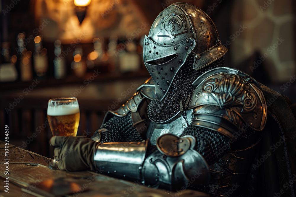 Fototapeta premium A fantastic royal knight in armor drinks beer at a local bar