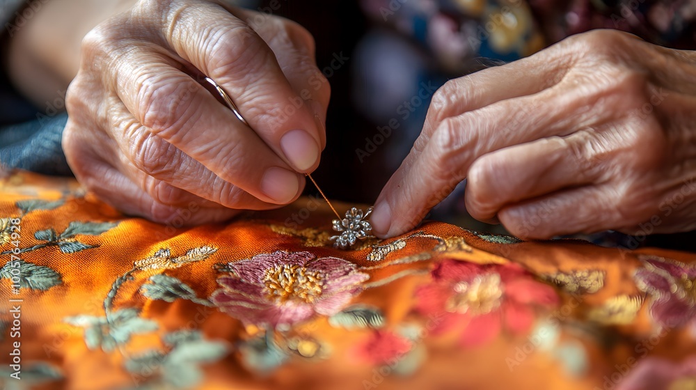An artisan stitching embellishments onto a piece of silk fabric An artisan stitching embellishments onto a piece of silk fabric