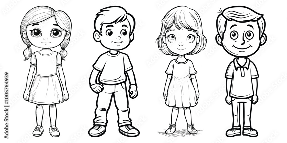 A black and white drawing of a boy and girl set. Coloring book, happy kids set. Coloring book, happy kids set A black and white drawing of a boy and girl set. Coloring book, happy kids set. Coloring book, happy kids set
