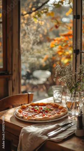 A serene scene of a delicious pizza on a table, surrounded by a cozy dining setting with natural light, capturing the essence of a perfect meal without any close-up or distractions