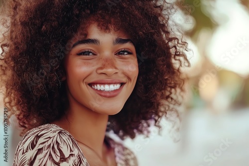 A woman celebrating her natural beauty and joy outdoors