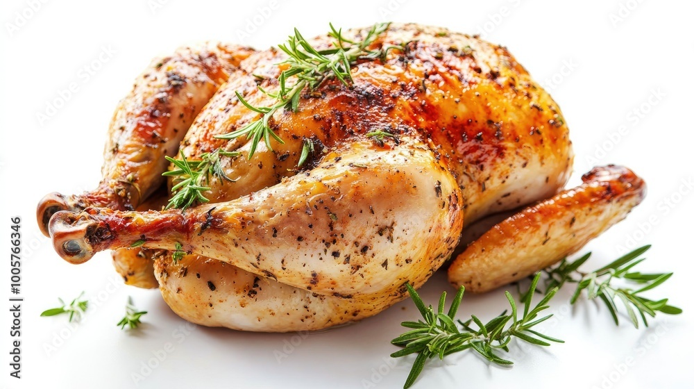 A whole roasted chicken seasoned with herbs and spices, showcased on a bright white background to emphasize its golden, crispy skin and juicy meat. A whole roasted chicken seasoned with herbs and spices, showcased on a bright white background to emphasize its golden, crispy skin and juicy meat.