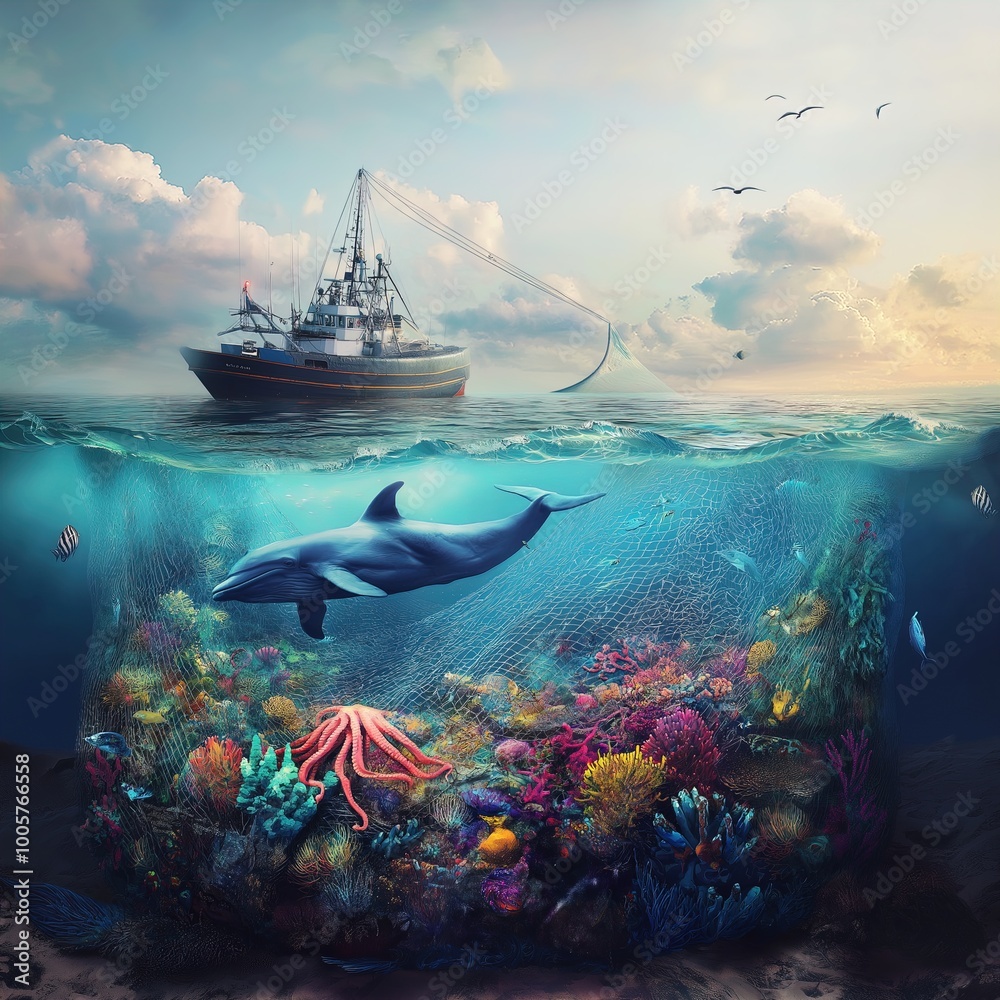 Fototapeta premium Fishing boat hauls in net with vibrant marine life beneath