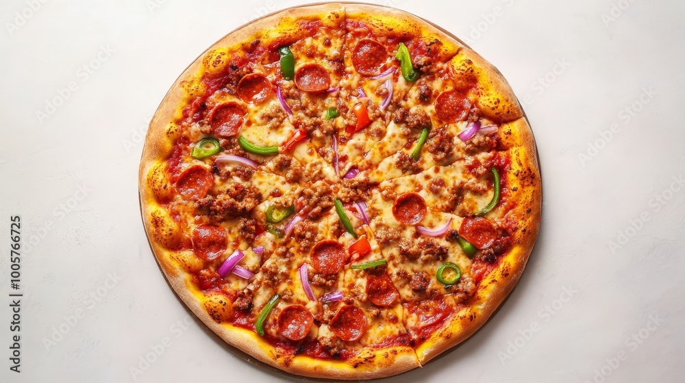 A perfectly baked pizza viewed from the top, displayed on a clean surface with balanced lighting, showcasing the vibrant colors of its toppings in a clean, noise-free setting A perfectly baked pizza viewed from the top, displayed on a clean surface with balanced lighting, showcasing the vibrant colors of its toppings in a clean, noise-free setting