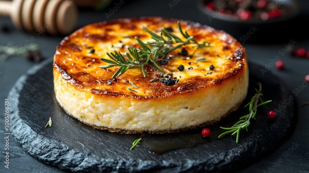 Traditional Ibiza Cheese Pie with Herbs and Honey Decoratively Plated on Elegant Black Stone Dish Traditional Ibiza Cheese Pie with Herbs and Honey Decoratively Plated on Elegant Black Stone Dish