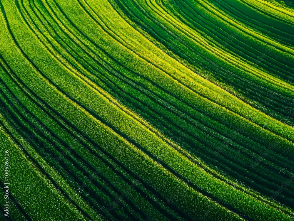 Naklejka premium A field of green grass with a wavy pattern. The grass is lush and vibrant, creating a sense of freshness and vitality. The image evokes a feeling of tranquility and natural beauty
