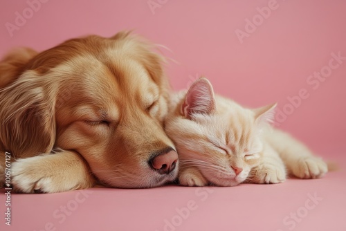 Cat and dog sleeping on a pink background