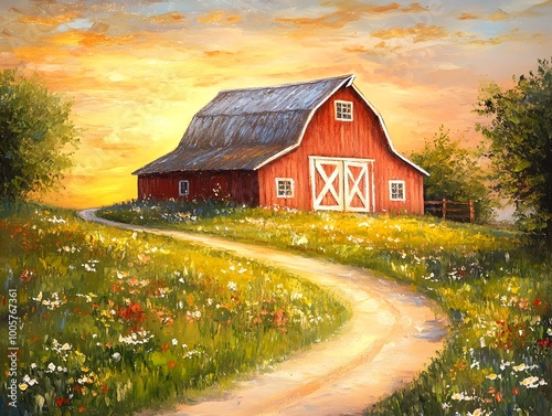 A quaint red barn nestled in a tranquil countryside setting surrounded by a grassy meadow dotted with wildflowers and a winding dirt road leading up to the structure