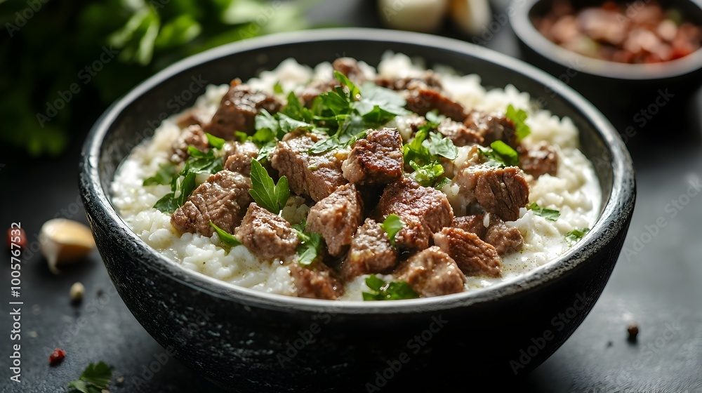 Laban Immo Tender Lamb Yogurt Stew Served Over Elegant Black Stone Plate Laban Immo Tender Lamb Yogurt Stew Served Over Elegant Black Stone Plate