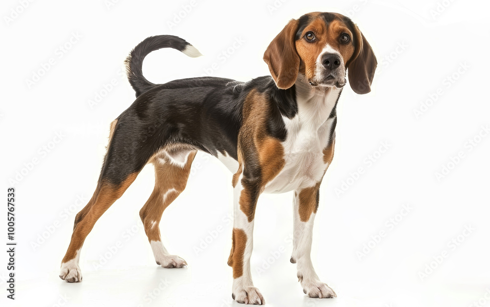 Full face view of a standing Beagliere dog, with a direct gaze that commands attention, isolated against a white background. Full face view of a standing Beagliere dog, with a direct gaze that commands attention, isolated against a white background.