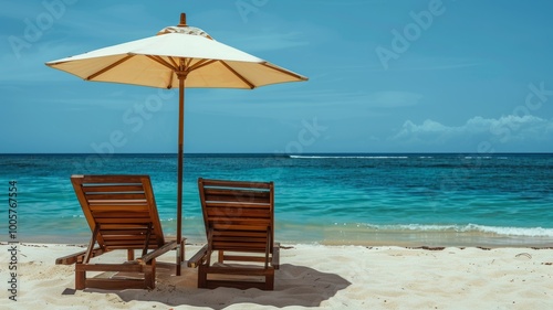 Wallpaper Mural Two parasol umbrellas casting the shadow over the two wooden lounge chairs or easy chairs on an empty sunny sand beach near the blue ocean - ai Torontodigital.ca